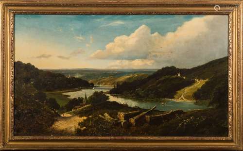 Edmund John Niemann Jnr [1813-1876]- An extensive river landscape with felled trees and church in