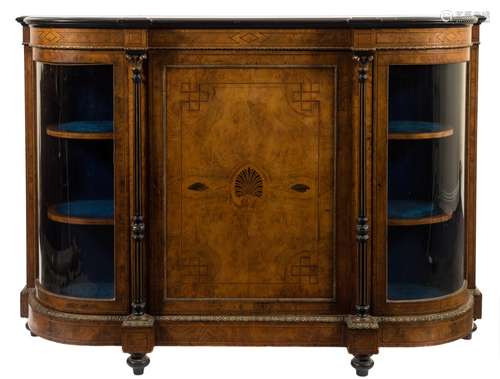 A Victorian walnut, inlaid and gilt metal mounted credenza:, of D-shaped breakfront outline,