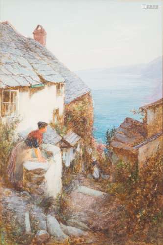 John White [1851-1933]- Coastal cottages on a cliff; a figure washing clothes in the foreground,