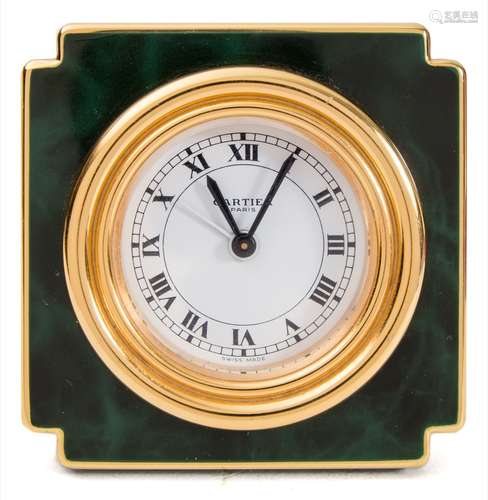 le Must de Cartier, Paris Alarm Clock: a gilt-brass and green enamel alarm clock,