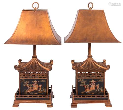 A pair of black lacquer giltwood and chinoiserie decorated Pagoda lamps:, with gilt metal shades,