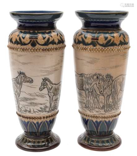 A pair of Doulton Lambeth stoneware vases by Hannah Barlow: with incurved rims and tapering