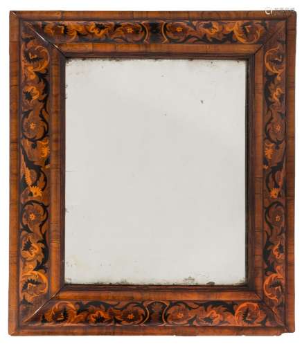 An early 18th Century walnut and marquetry rectangular cushion frame mirror:,