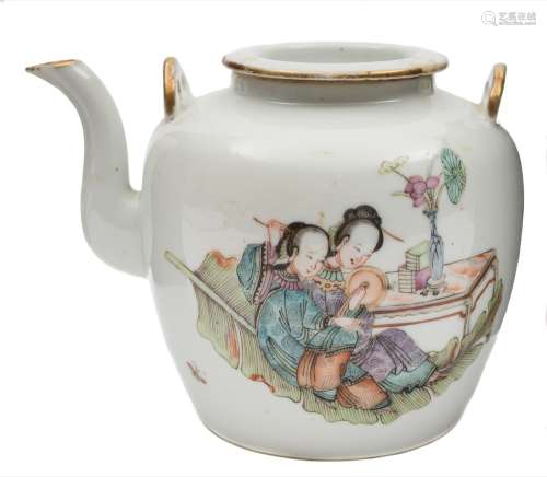 A Chinese porcelain teapot and cover: enamelled in the famille rose palette with a pair of beauties