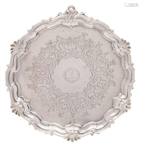 A Victorian silver waiter, maker Edward, Edward Jnr, John & William Barnard, London, 1846: crested,