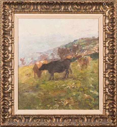 Midge Bruford [1902-1958]- Cattle in an upland landscape,:- oil on canvas,