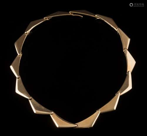 A 9ct gold triangular-link necklace: approximately 37cm total length, 43gms gross weight.