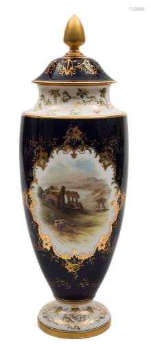 A Coalport porcelain topographical vase and cover: of footed oviform painted with a gilt edged
