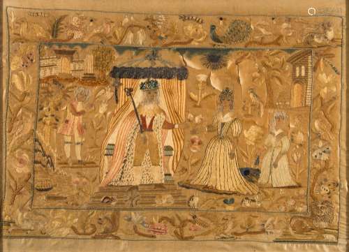 A late 17th silkwork embroidered panel: probably depicting Charles II and Catherine of Braganza