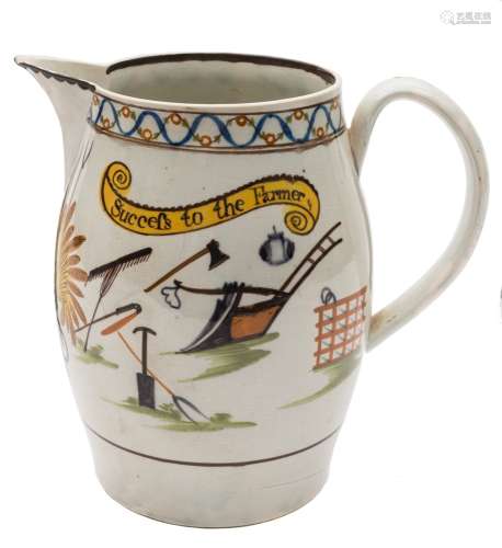 A Pratt pearlware 'harvest' jug: painted in traditional colours with a large sheaf of corn,