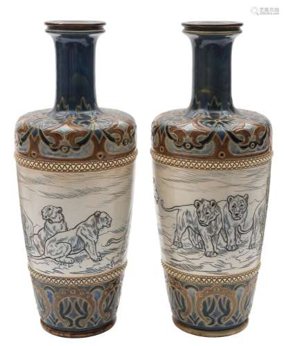 A pair of rare Doulton Lambeth stoneware vases decorated with lions by Hannah Barlow: each with