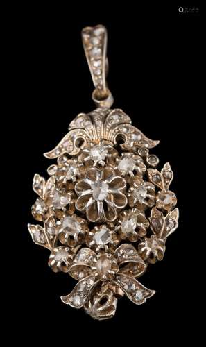 A rose diamond mounted pendant brooch: suspending a diamond single-stone drop and with fixed