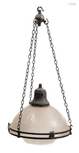 A Victorian opaque glass ceiling light: the domed and fluted shade supported on a bronzed metal