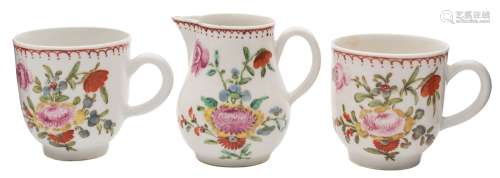 A Bow polychrome sparrow-beak cream jug and a pair of matching coffee cups: each painted with a