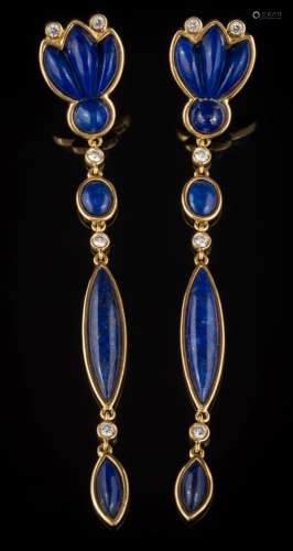 A pair of lapis lazuli and diamond pendant earrings: each with round and navette-shaped lapis