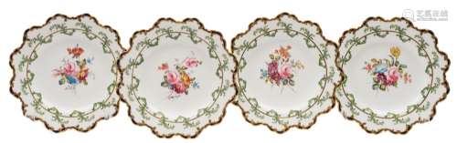 Four Royal Crown Derby porcelain plates: of flower head form the centres enamelled with rose