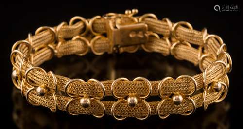 A two-strand mesh-link bracelet: with applied loop and bead decoration, 25.6gms gross weight.