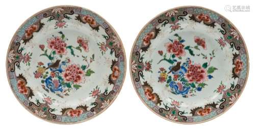 A pair of Chinese famille rose plates: each painted in bright colours with a bird,