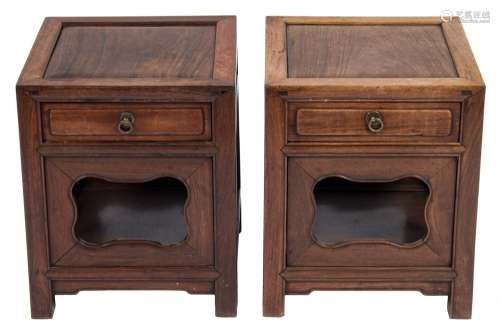 A pair of Chinese Hua Li wood square two tier urn tables:, each fitted with a drawer,
