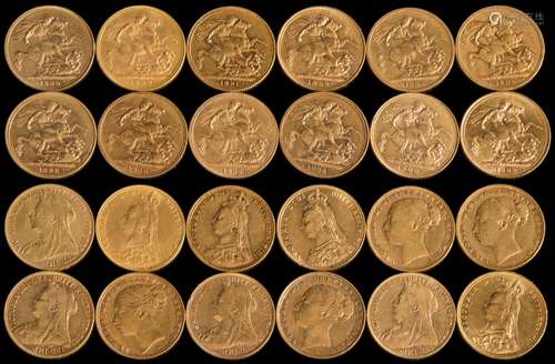 Twelve Victorian sovereigns: with dates ranging 1884 to 1900.