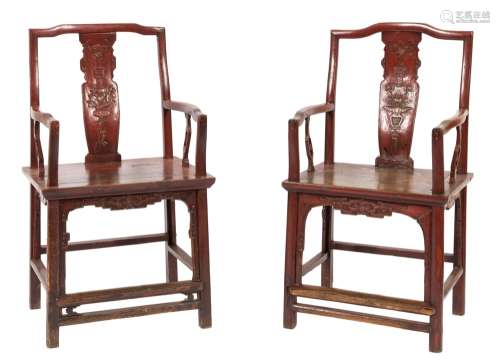 A pair of Chinese red lacquer armchairs:,