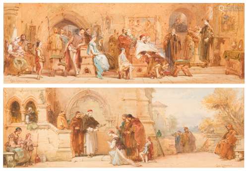 Charles Cattermole [1832-1900]- Visitors being received by a senior cleric outside an Abbey;