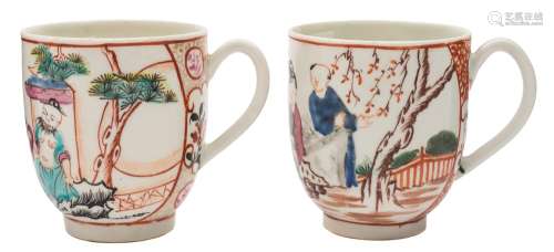 Two First Period Worcester coffee cups: each painted in famille rose Mandarin style with figures on