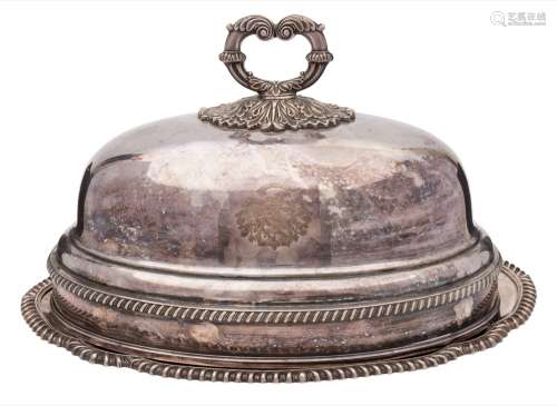 A silver plated meat dish and cover: crested, of oval outline with gadrooned borders, 42cm.