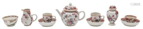 A Chinese famille rose miniature part tea service: painted in predominantly puce,