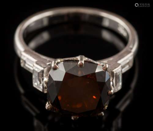 A natural fancy, very dark brown diamond single-stone ring: the cushion-shaped,