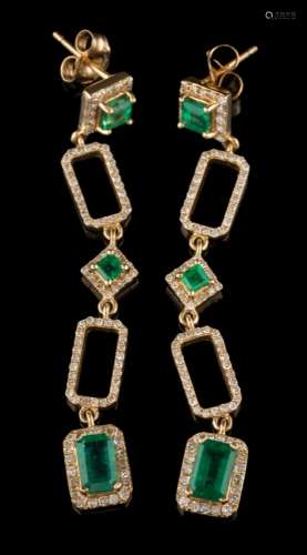 A pair of emerald and diamond mounted pendant earrings: each with square and rectangular links