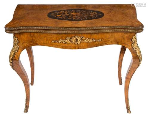 A Victorian walnut, floral marquetry and gilt metal mounted card table:,