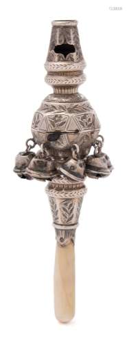 A Victorian silver rattle, maker George Unite, Birmingham, 1851: of traditional design,
