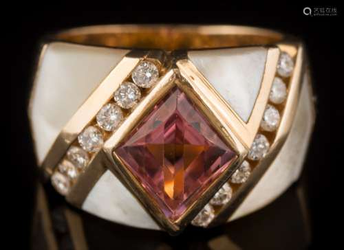 Kabana. A pink tourmaline and diamond cluster ring: with central lozenge-shaped pink tourmaline 11.