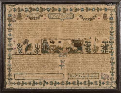 An early 19th century needlework sampler: with banded decoration of verse and panels of flowers,