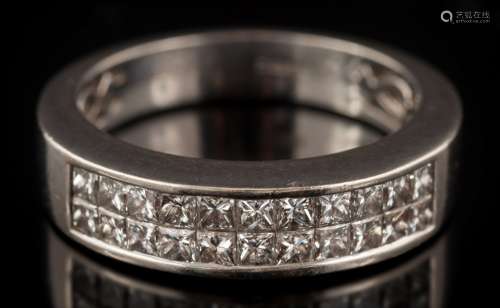 An 18ct white gold and princess-cut diamond half-hoop ring: with two rows of 'invisibly-set'