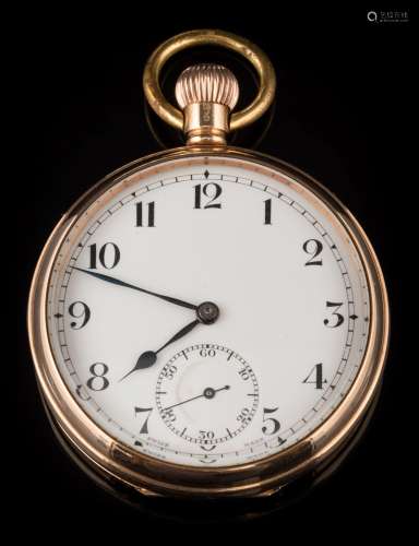 A gentleman's 9ct gold open face pocket watch: the white enamelled dial with Arabic numerals and