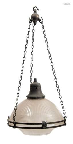 A Victorian opaque glass ceiling light: the domed and fluted shade supported on a bronzed metal