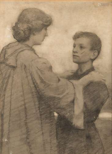 Thomas Cooper Gotch [1854-1931]- Farewell My Son,:- a sketch in charcoal on grey paper,