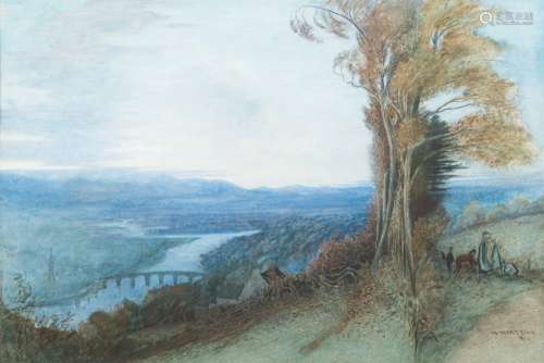 William Hackstoun [1988-1921]- View over a distant valley to a church spire and bridge,