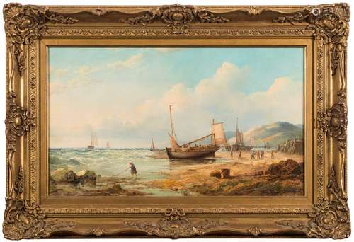 John (Jock) Wilson [1818-1875]- A shore scene; low tide with beached fishing vessels and fisherfolk;