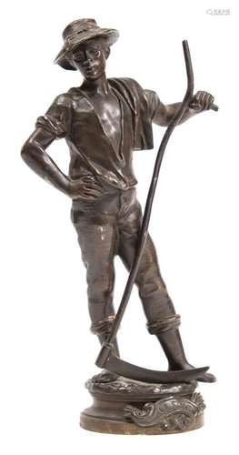 After Marcel Debut - 'Le Soir',: a bronze figure of a young man leaning on a scythe,