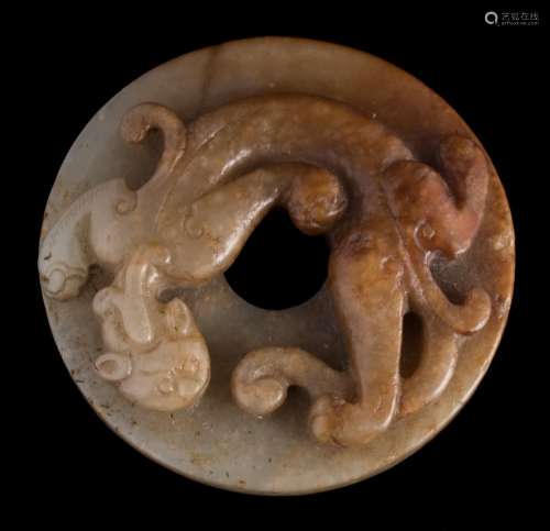 A Chinese 'chilong' jade disc, bi: in the Ming manner, carved with a single chilong,