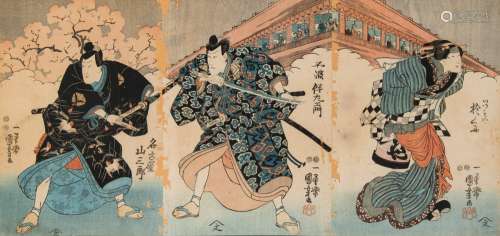After Utagawa Kunioyoshi, a woodblock tryptych of Japanese actors: as Samurai warriors and bijin,