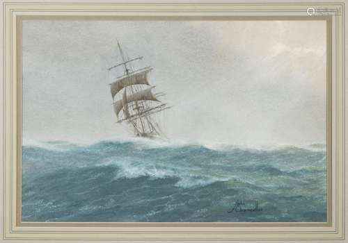 * John Russell Chancellor [1925-1984]- Lone ship in a storm,:- signed watercolour 34 x 51cm,