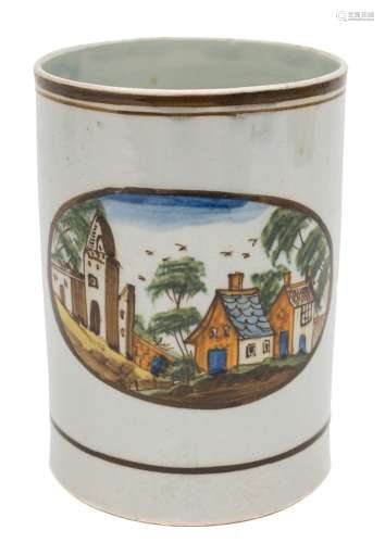 A Pratt pearlware cylindrical mug: painted with an oval panel of cottages and ruins in a landscape,