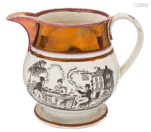 An amusing and bawdy transfer decorated pottery jug: one side printed in black with two gentlemen