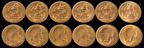 Six sovereigns: with dates ranging 1907 to 1912.