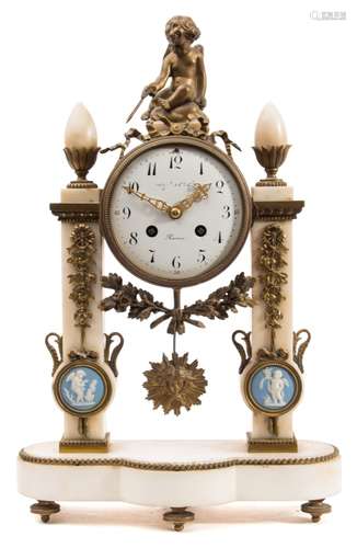 A French alabaster and gilt-metal mantel clock: the eight-day duration movement striking the hours