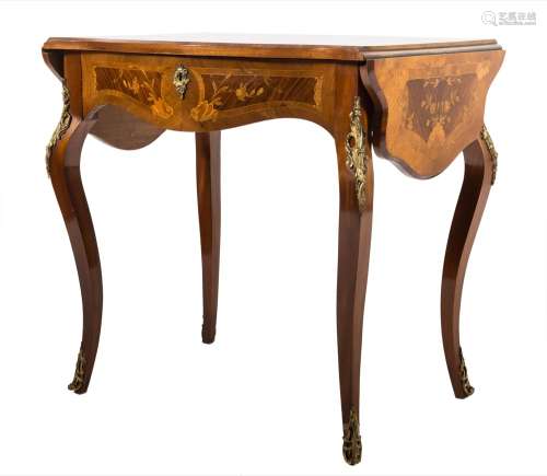 A French walnut, banded and floral marquetry, gilt metal mounted drop flap occasional table:,